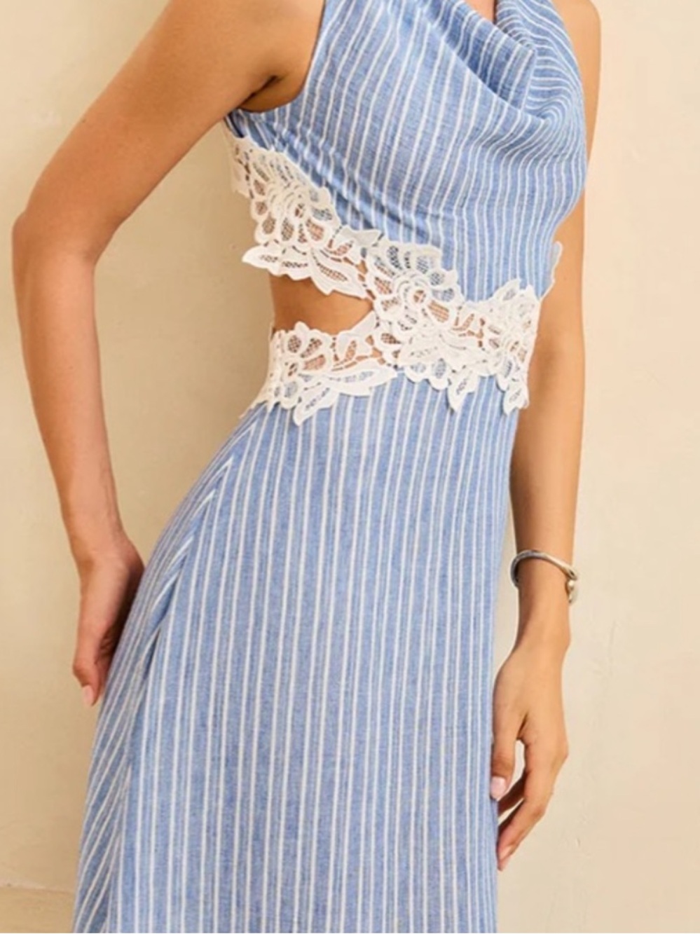 COMMENSE MEDIUM side panel cut out Blue & White Striped Lace-Inset Women’s Dress - Picture 9 of 14
